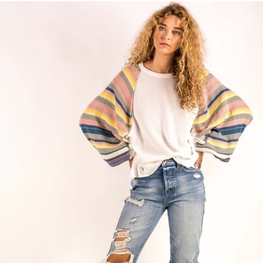 NEW Free People Rainbow Dreams White Waffle Knit Balloon-Sleeve Sweater Top